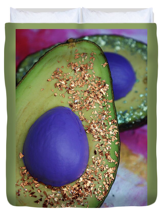 Spaceocados Space Avocado Duvet Cover featuring the mixed media Spaceocados 2 by Judy Henninger