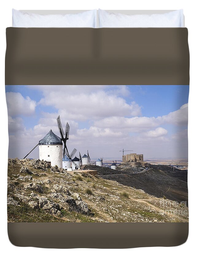 Windmills Duvet Cover featuring the digital art Spanish Windmills and Castle of Consuegra by Perry Van Munster