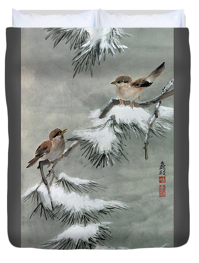 Snow Pine Duvet Cover featuring the painting Sparrows on Snowy Pine by Charlene Fuhrman-Schulz