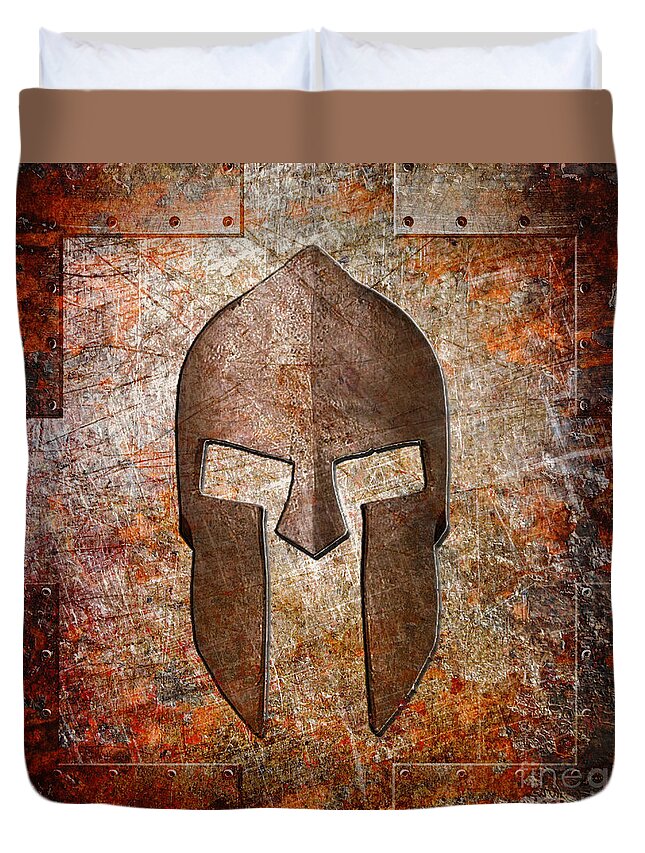 Spartan Duvet Cover featuring the digital art Spartan Helmet on Rusted Riveted Metal Sheet by Fred Ber