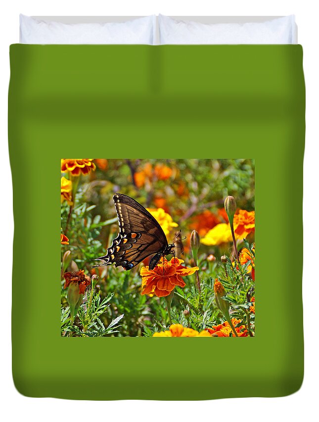 Butterfly Duvet Cover featuring the photograph Spicebush on Marigold by Sandy Keeton