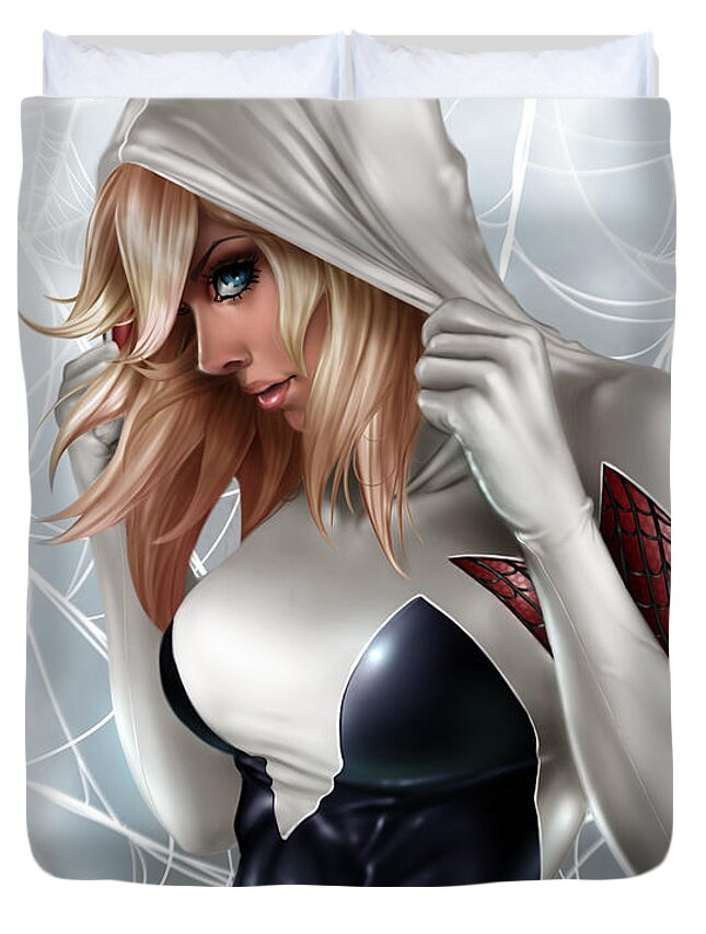 Pete Tapang Duvet Cover featuring the painting Spider Gwen by Pete Tapang