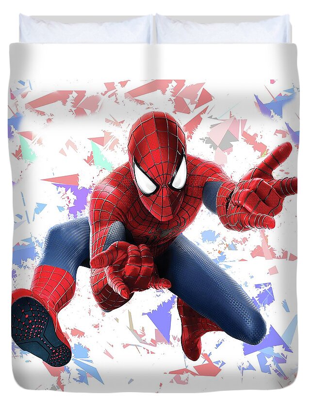 Spider Man Duvet Cover featuring the mixed media Spider Man Splash Super Hero Series by Movie Poster Prints