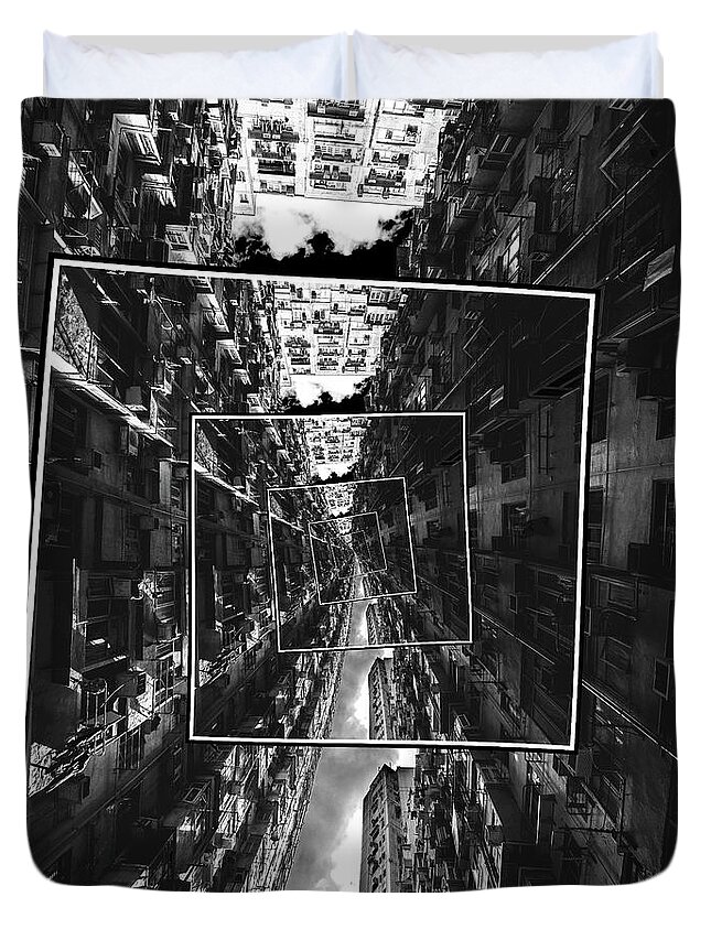 Black And White Duvet Cover featuring the digital art Spinning City by Phil Perkins