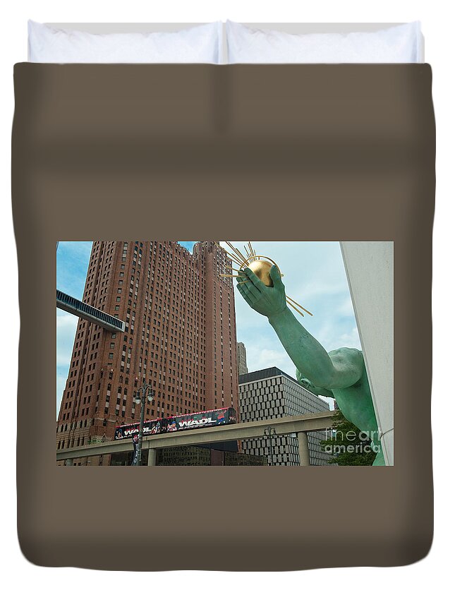 Spirit Of Detroit Duvet Cover featuring the photograph Spirit of Detroit and People Mover by Steven Dunn