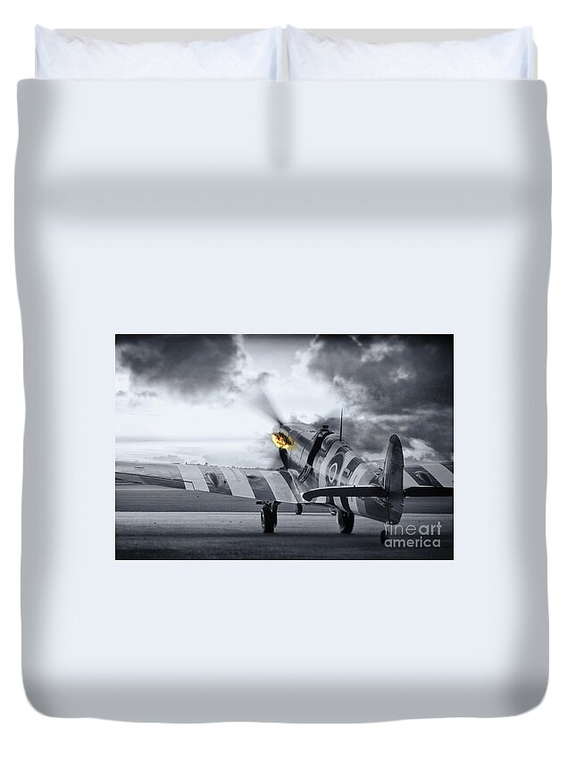 Spitfire Duvet Cover featuring the photograph Spitfire AB910 Spitting Fire by Airpower Art