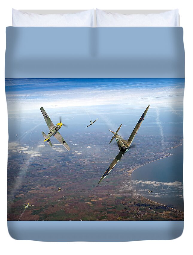 Spitfire Duvet Cover featuring the digital art Spitfire and Bf 109 in Battle of Britain duel by Gary Eason