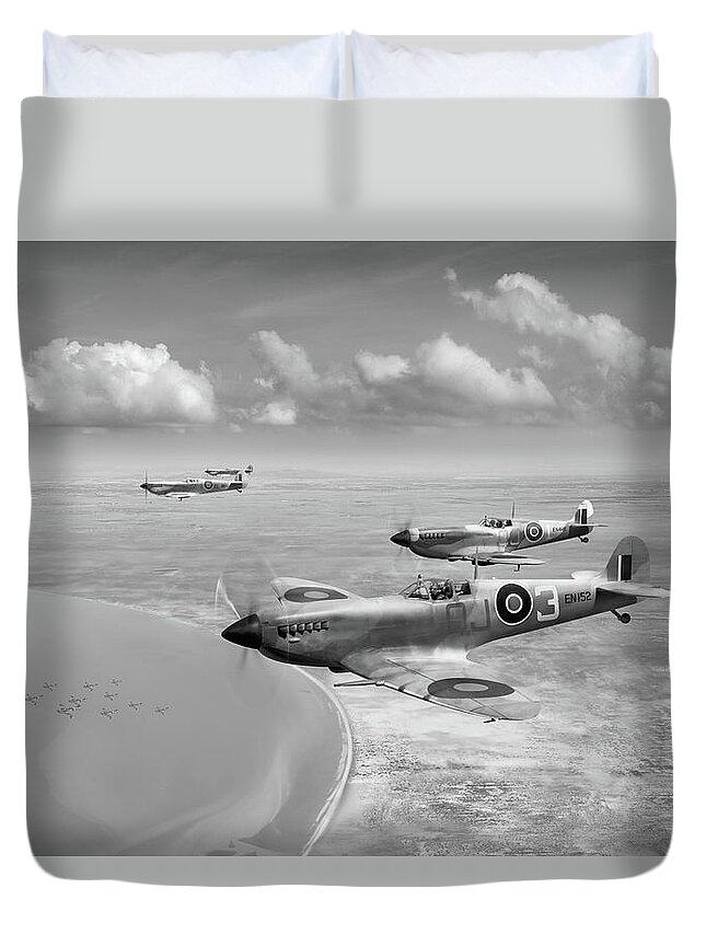 92 Squadron Duvet Cover featuring the photograph Spitfires over Tunisia black and white version by Gary Eason