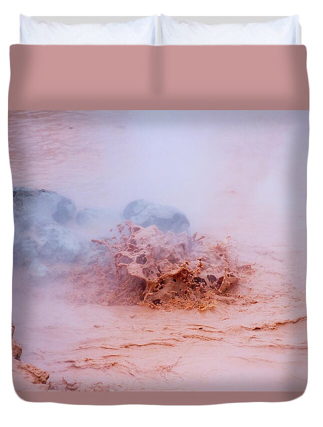 America Duvet Cover featuring the photograph Splashing mud in hot pots at Fountain Paint Pots in Yellowstone by Karen Foley