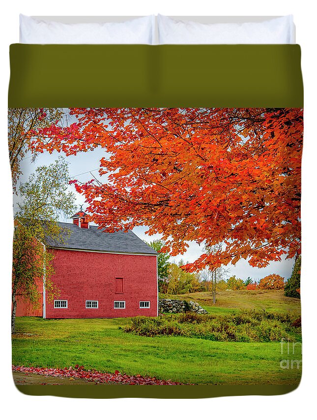 Red Duvet Cover featuring the photograph Splendid Red Barn in the Fall by Alana Ranney