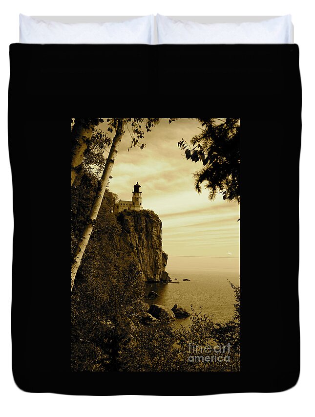 Lighthouse Duvet Cover featuring the photograph Split Rock by Becqi Sherman
