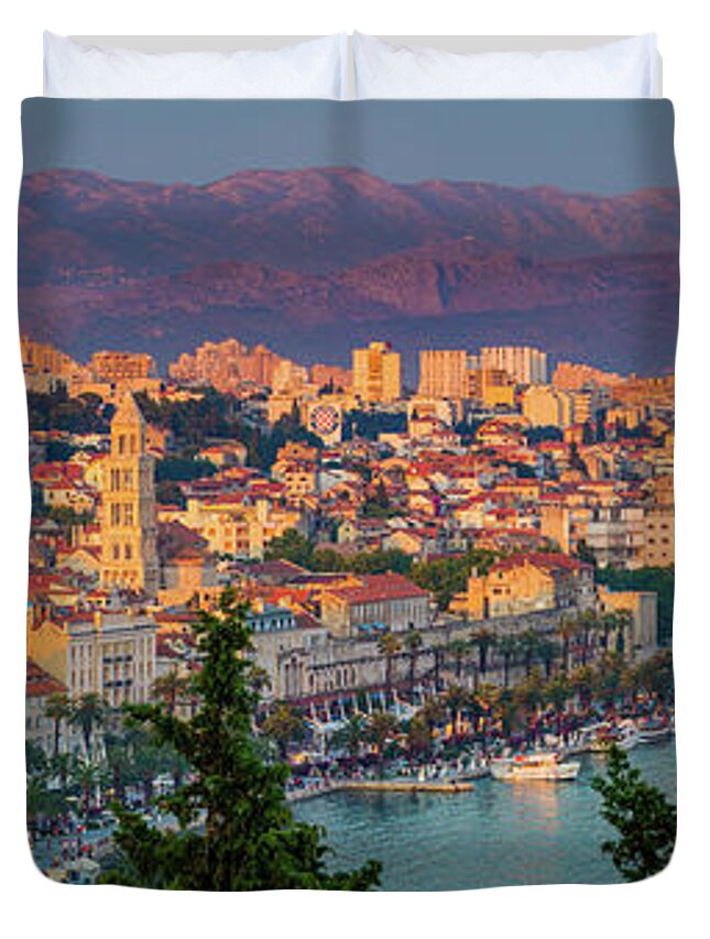 Adriatic Sea Duvet Cover featuring the photograph Split Twilight Panorama by Inge Johnsson