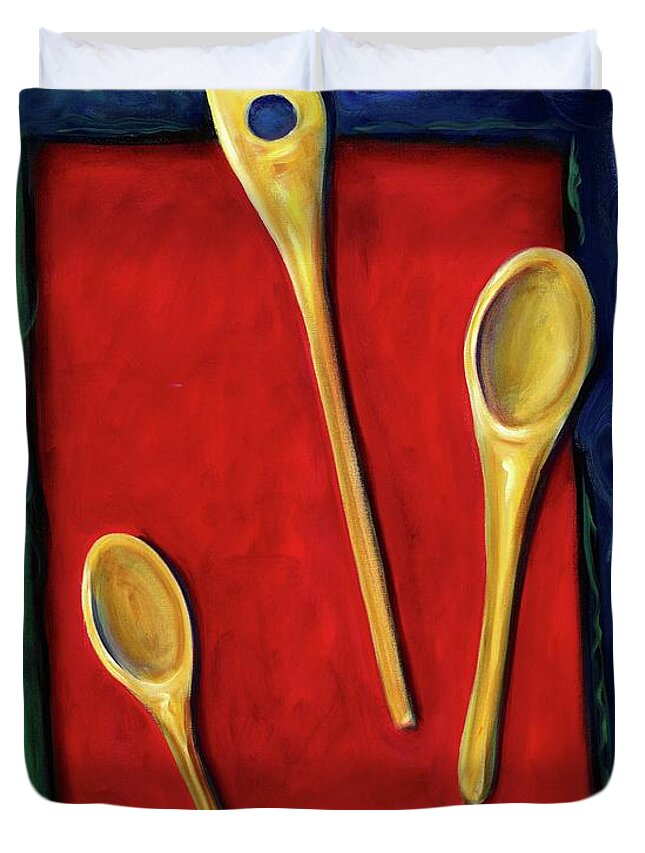 Wooden Spoons Duvet Cover featuring the painting Spoons by Shannon Grissom