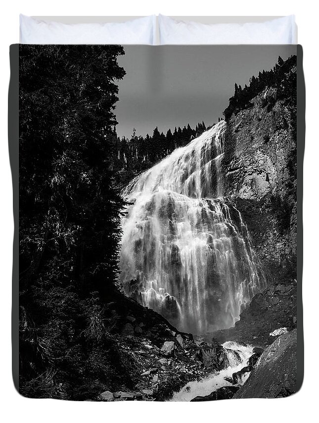 Majestic Duvet Cover featuring the photograph Spray Falls Black and White by Pelo Blanco Photo