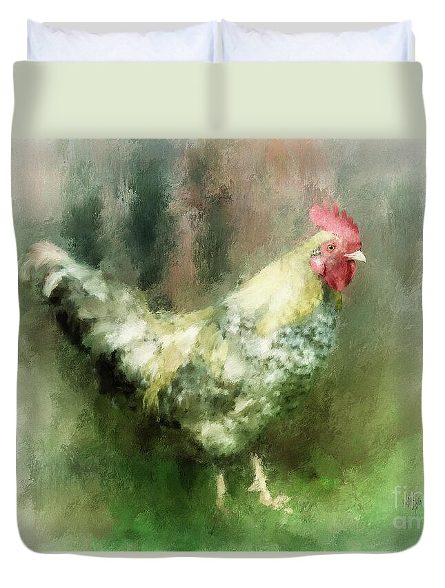 Chicken Duvet Cover featuring the digital art Spring Chicken by Lois Bryan