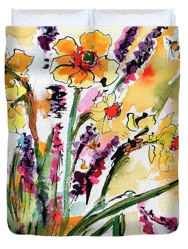 Daffodils Duvet Cover featuring the painting Spring Daffodils Flowers Watercolor Painting by Ginette Callaway