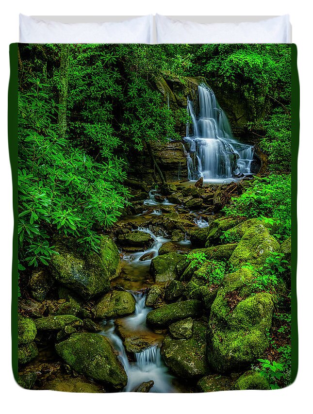 Waterfall Duvet Cover featuring the photograph Spring Green Waterfall and Rhododendron by Thomas R Fletcher
