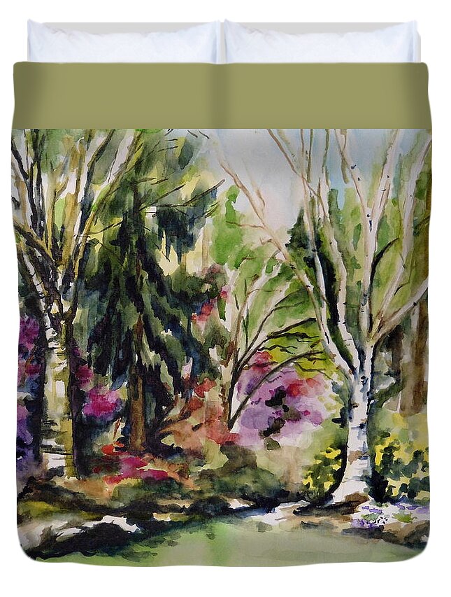 Birch Trees Duvet Cover featuring the painting Spring in Vandussen by Sonia Mocnik