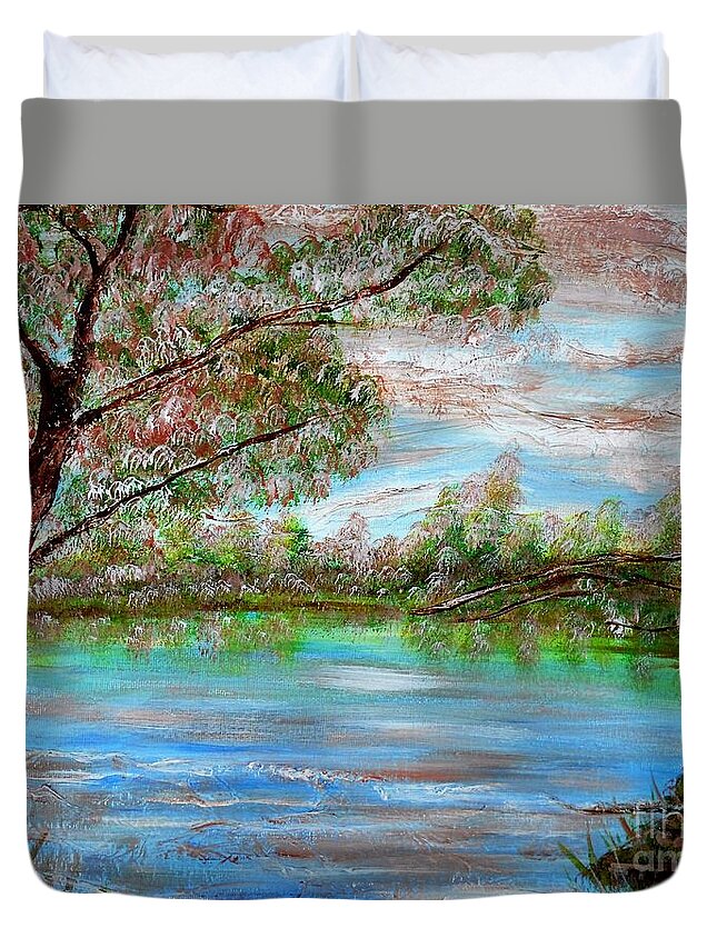 Landscape Duvet Cover featuring the painting Spring on Arkansas' Greer's Ferry Lake by Vivian Cook