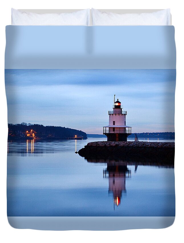 Spring Point Ledge Lighthouse Duvet Cover featuring the photograph Blue Hour by Colleen Phaedra