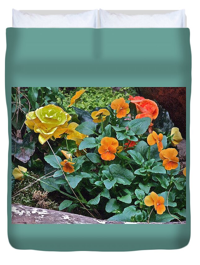 Pansies Duvet Cover featuring the photograph Spring Show 13 Orange Pansies by Janis Senungetuk