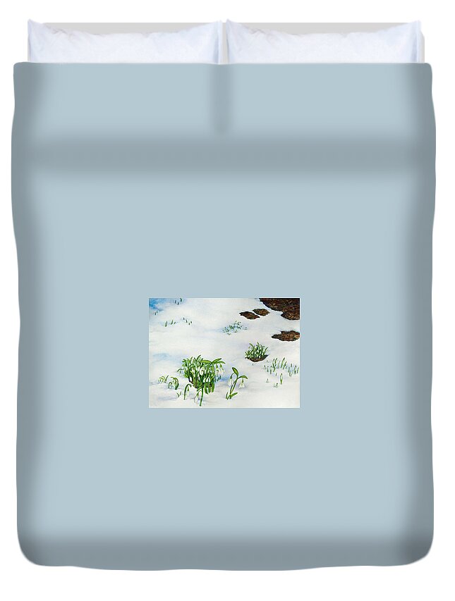 Landscape Duvet Cover featuring the painting Spring Snowdrops by Helen Klebesadel