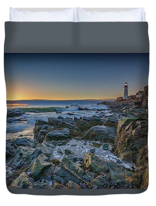 Portland Head Lighthouse Duvet Cover featuring the photograph Spring Sunrise at Portland Head by Rick Berk