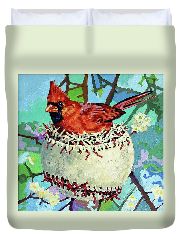 Cardinal Duvet Cover featuring the painting Spring Training by John Lautermilch