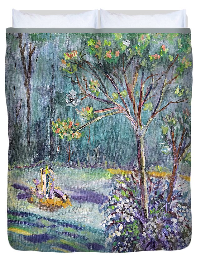 Landscape Duvet Cover featuring the painting Spring In The Forest by Michael Daniels
