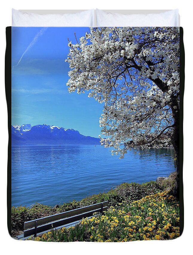 Montreux Duvet Cover featuring the photograph Springtime at Geneva or Leman lake, Montreux, Switzerland by Elenarts - Elena Duvernay photo