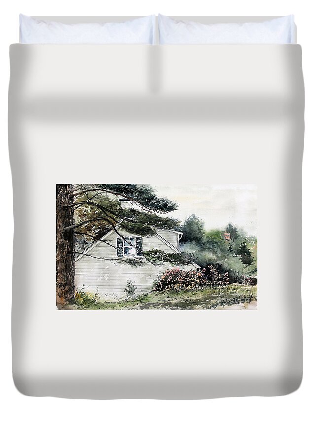 A Beautiful Home With Pine Trees And A Mixture Of Spring Flowers Make For A Peaceful Duvet Cover featuring the painting Springtime At Round Pond Maine by Monte Toon