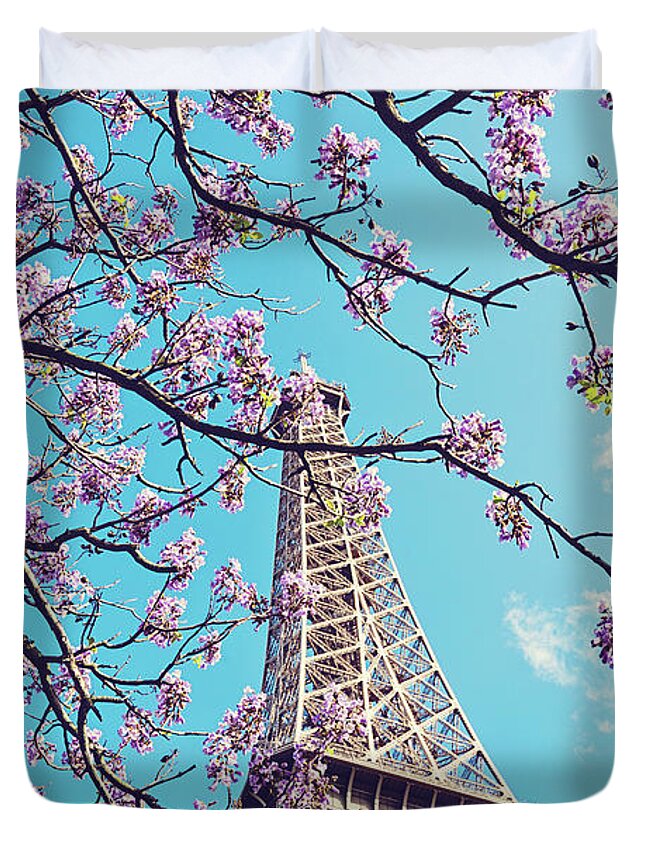 Paris Photography Duvet Cover featuring the photograph Springtime in Paris - Eiffel Tower Photograph by Melanie Alexandra Price