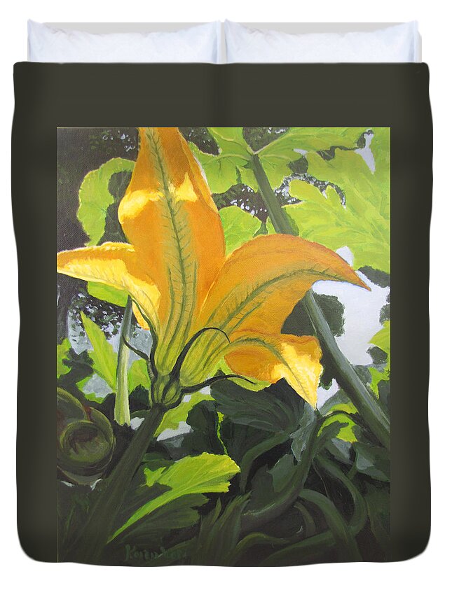 Vegetable Duvet Cover featuring the painting Squash Blossom by Karen Ilari