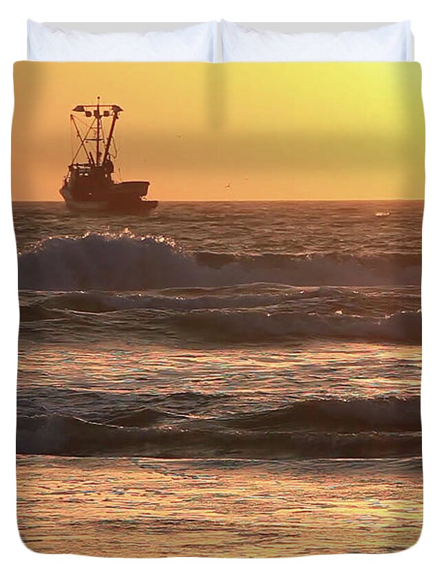 Sunset Duvet Cover featuring the photograph Squid Boat Golden Sunset by John A Rodriguez