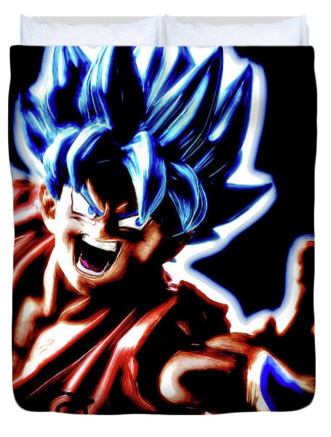 Anime Duvet Cover featuring the digital art SSJG Goku by Ray Shiu
