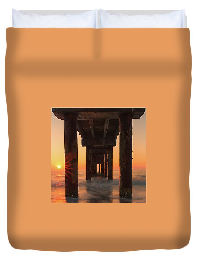 St Augustine Duvet Cover featuring the photograph St Augustine Beach Pier Sunrise by Stefan Mazzola