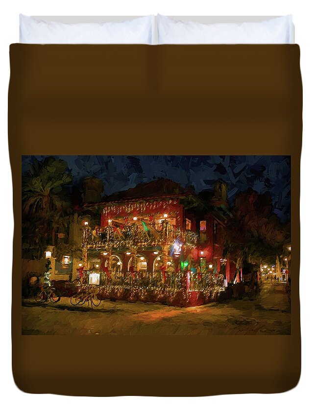  St. Augustine # Oil Painting #oil Paintings Meehan's Pub # Architecture #nights Of Lights # Oldest City# St. Augustine Pub # Historic # Holiday Display #florida's Northeastern Florida # Meehan's Pub Duvet Cover featuring the photograph St. Augustine Meehan's pub by Louis Ferreira
