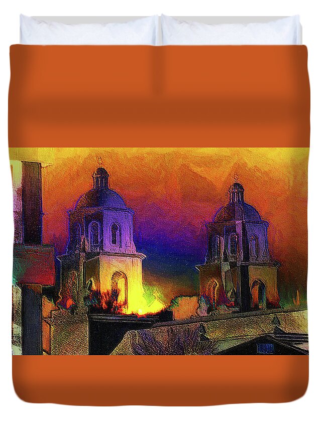 St. Augustine Duvet Cover featuring the mixed media St. Augustine Saguaro Sunset Abstract Sketch Compilation by DiDesigns Graphics