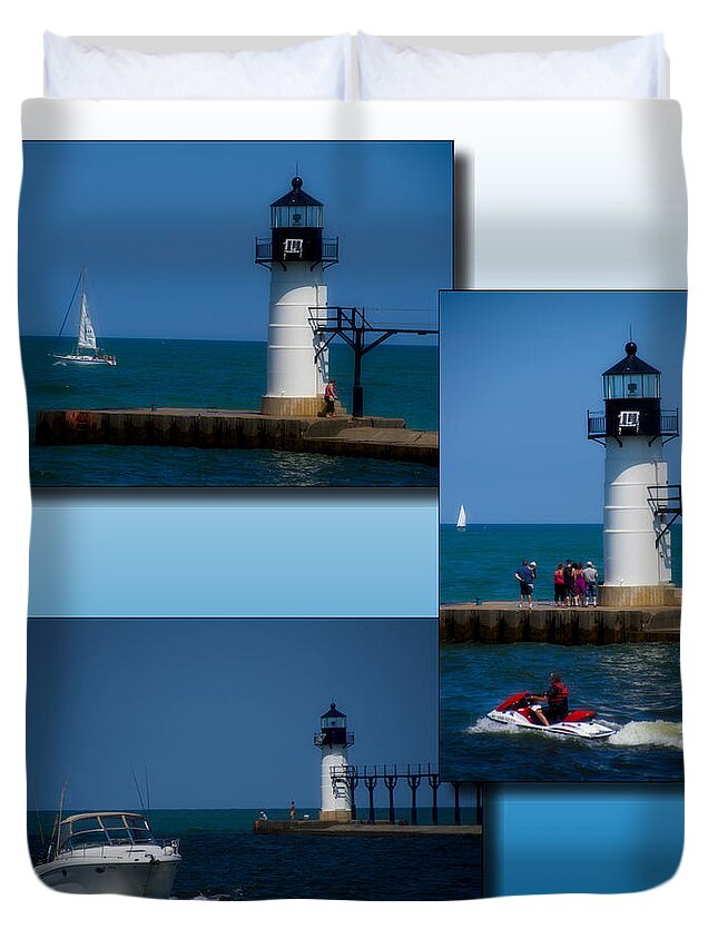 Lighthouse Duvet Cover featuring the photograph St Joes Michigan Break Water Pier Light Collage by Thomas Woolworth