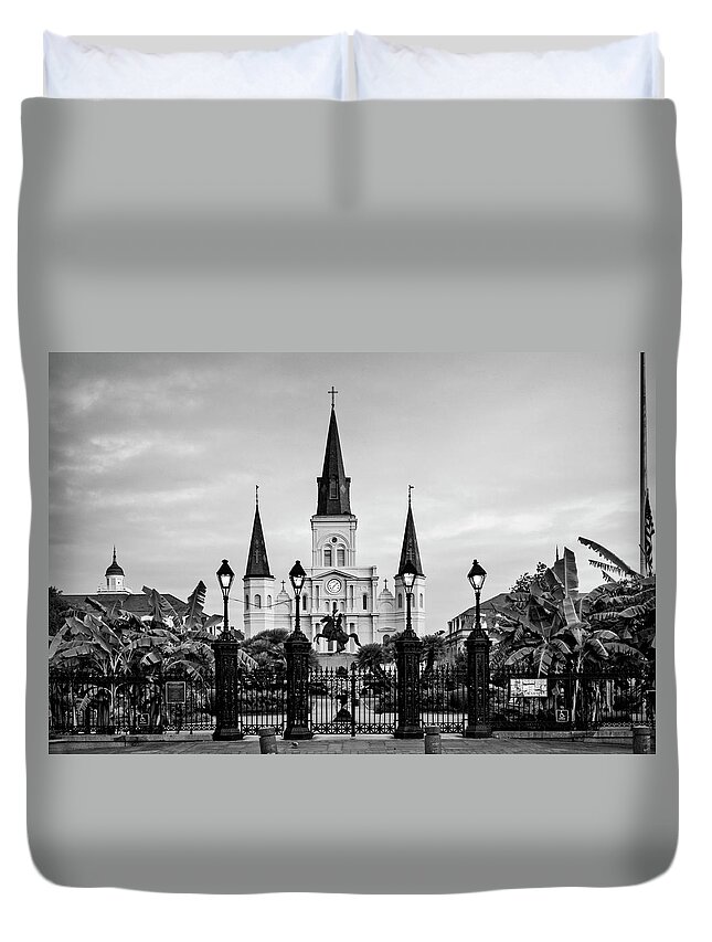St. Louis Cathedral Duvet Cover featuring the photograph St. Louis Cathedral In Black and White by Greg and Chrystal Mimbs