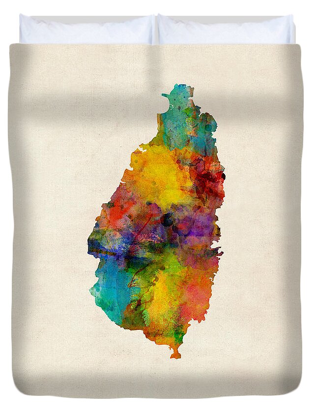 Map Art Duvet Cover featuring the digital art St Lucia Watercolor Map by Michael Tompsett