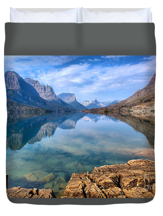 St Mary Lake Duvet Cover featuring the photograph St Mary Partly Cloudy Reflections by Adam Jewell