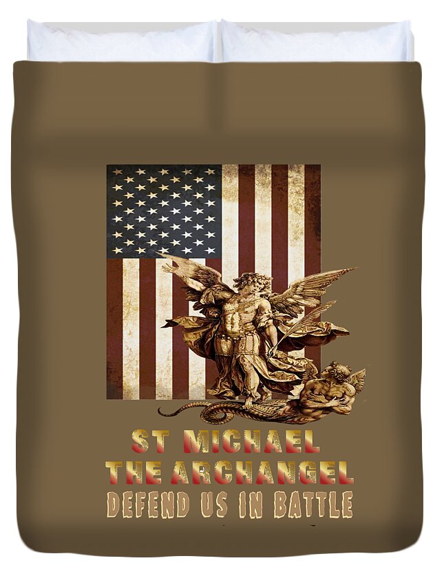 St Michael Duvet Cover featuring the mixed media St Michael the Archangel and USA Flag 103 by Hieronymus - Detail