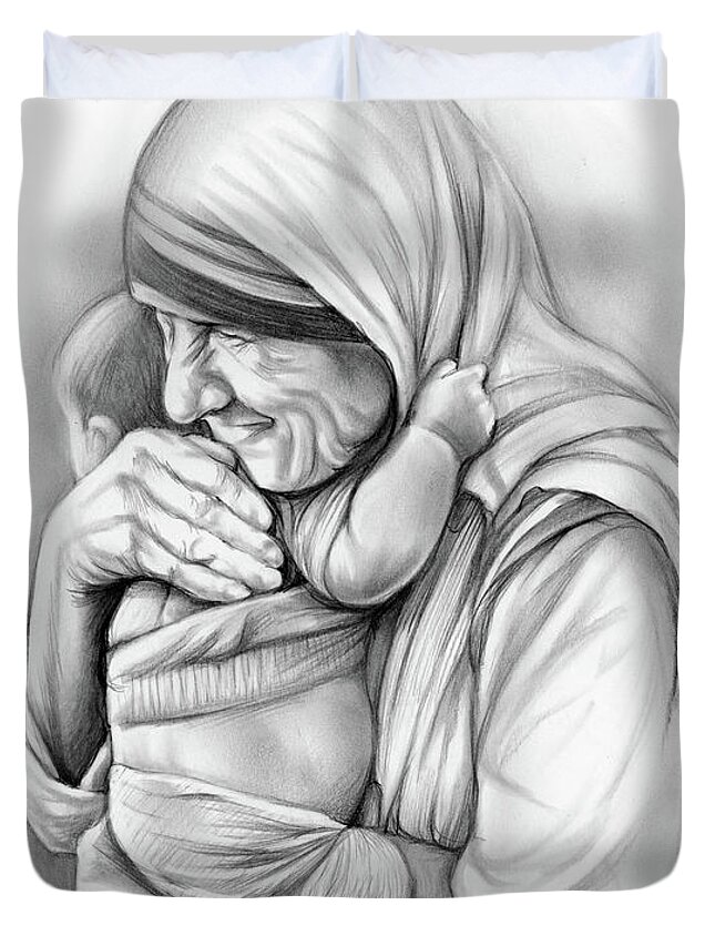 Church Duvet Cover featuring the drawing St Mother Teresa by Greg Joens