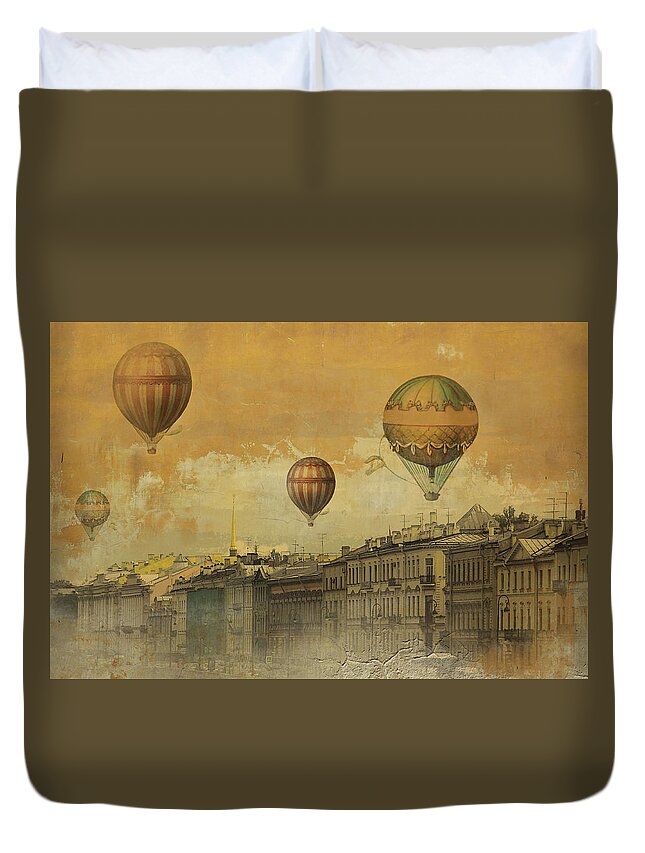 St Petersburg Duvet Cover featuring the digital art St Petersburg with air baloons by Jeff Burgess