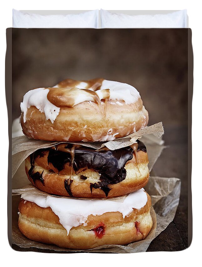 Donuts Duvet Cover featuring the photograph Stacked Donuts by Stephanie Frey