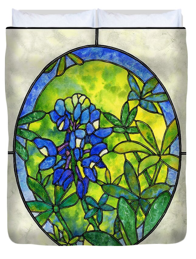 Stained Glass Duvet Cover featuring the painting Stained Glass Bluebonnet by Hailey E Herrera