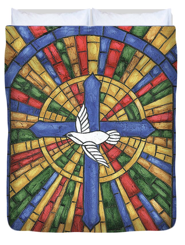 Dove Duvet Cover featuring the painting Stained Glass Cross by Debbie DeWitt