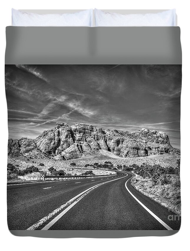 Reid Callaway Horseshoe Bend Duvet Cover featuring the photograph Standing In The Road B W Grand Canyon Butte Page Arizona Art by Reid Callaway