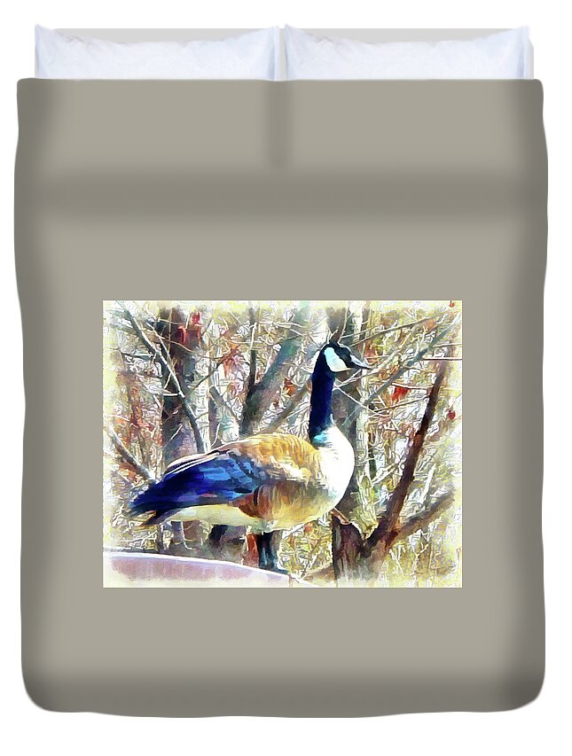 Canada Goose Duvet Cover featuring the digital art Standing Sentry by Leslie Montgomery